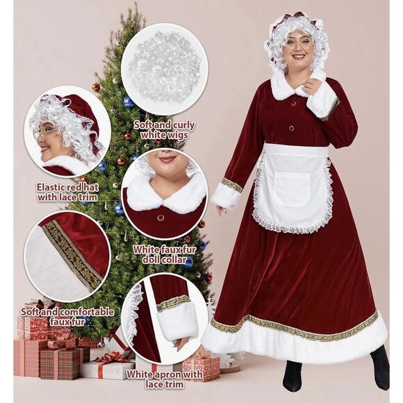 WeGuard Mrs Claus Costume Medium 5pc Santa Dress Wig Apron Hat Glasses NIP - Picture 4 of 7